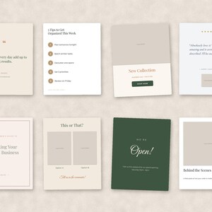 Peut inclure: Un ensemble de huit mod&egrave;les rectangulaires pour r&eacute;seaux sociaux avec des fonds neutres et vert fonc&eacute;, pr&eacute;sentant diverses mises en page de texte, incluant des citations, listes, annonces de collection, avis clients, guides d'entreprise et avis d'ouverture.
