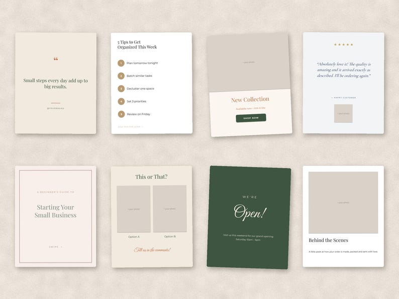 Peut inclure: Un ensemble de huit mod&egrave;les rectangulaires pour r&eacute;seaux sociaux avec des fonds neutres et vert fonc&eacute;, pr&eacute;sentant diverses mises en page de texte, incluant des citations, listes, annonces de collection, avis clients, guides d'entreprise et avis d'ouverture.