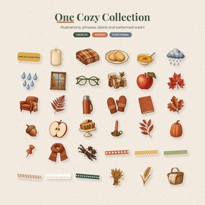 May include: A digital sticker sheet titled One Cozy Collection featuring illustrations of autumn-themed objects including a candle, plaid blanket, cookies, soup, rain cloud, window, glasses, armchair, apple, leaves, thermos, mittens, book, acorn, cake, candle holder, pumpkin, scarf, spices, wheat, and a basket.