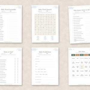 May include: A set of six white paper baby shower game sheets featuring soft pastel cloud illustrations at the top. The collection includes Baby Word Scramble, Baby Word Search, Who Knows Mom-to-Be, Mom or Dad, Baby Predictions, and Baby Bingo cards.