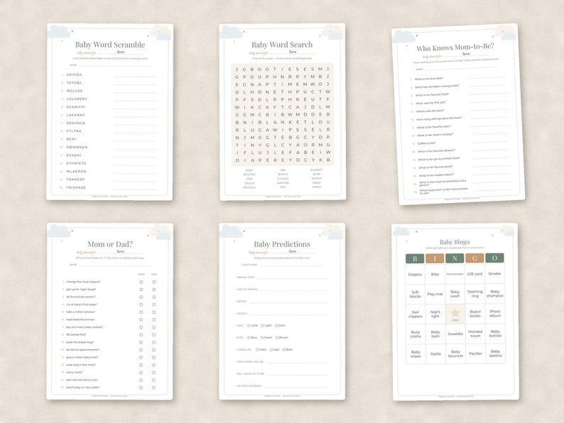 May include: A set of six white paper baby shower game sheets featuring soft pastel cloud illustrations at the top. The collection includes Baby Word Scramble, Baby Word Search, Who Knows Mom-to-Be, Mom or Dad, Baby Predictions, and Baby Bingo cards.