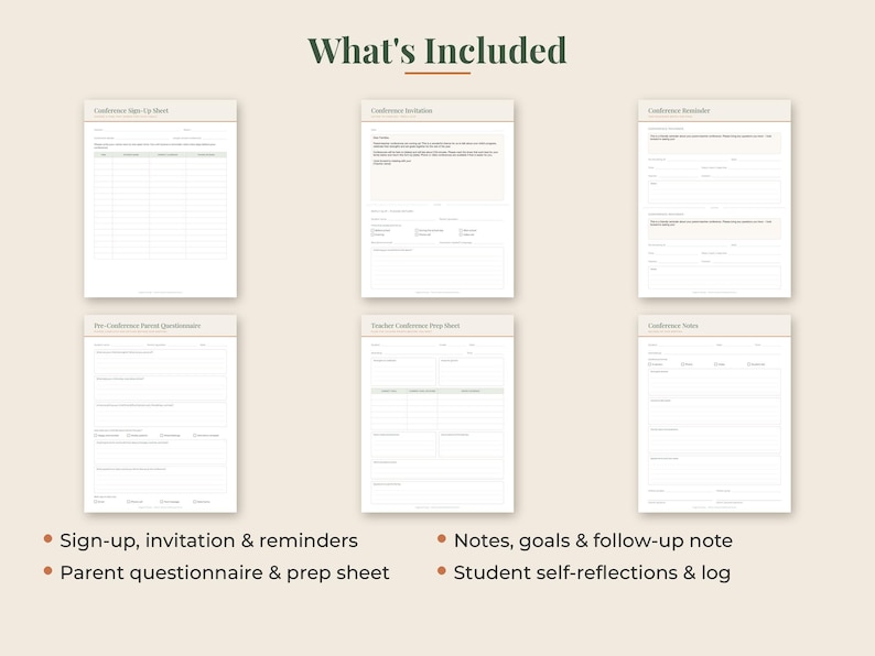 May include: A digital collection of six printable conference planning documents including a sign-up sheet, invitation, reminder, parent questionnaire, prep sheet, and notes. The text includes What's Included, Sign-up, invitation & reminders, Notes, goals & follow-up note, Parent questionnaire & prep sheet, and Student self-reflections & log.