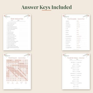 May include: Four white printable game answer keys with floral accents at the top. The sheets are titled Host Answer Key, Word Scramble - Answer Key, Word Search - Answer Key, and Would She Rather - Host Key, featuring black text and a grid.