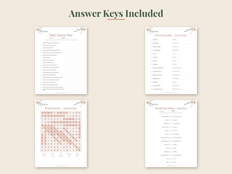 May include: Four white printable game answer keys with floral accents at the top. The sheets are titled Host Answer Key, Word Scramble - Answer Key, Word Search - Answer Key, and Would She Rather - Host Key, featuring black text and a grid.