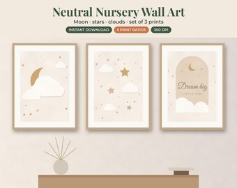 Neutral Nursery Wall Art Set of 3, Moon Stars Clouds Prints, Baby Room Printable