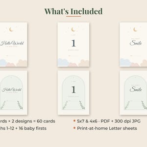May include: A set of 60 baby milestone cards featuring two distinct designs. One design displays a crescent moon, stars, and clouds, while the other features an arched frame with leaf accents. Text includes Hello World, 1 Month Old, and My First Smile.