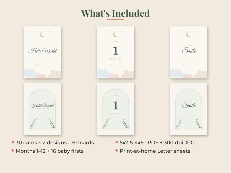 May include: A set of 60 baby milestone cards featuring two distinct designs. One design displays a crescent moon, stars, and clouds, while the other features an arched frame with leaf accents. Text includes Hello World, 1 Month Old, and My First Smile.