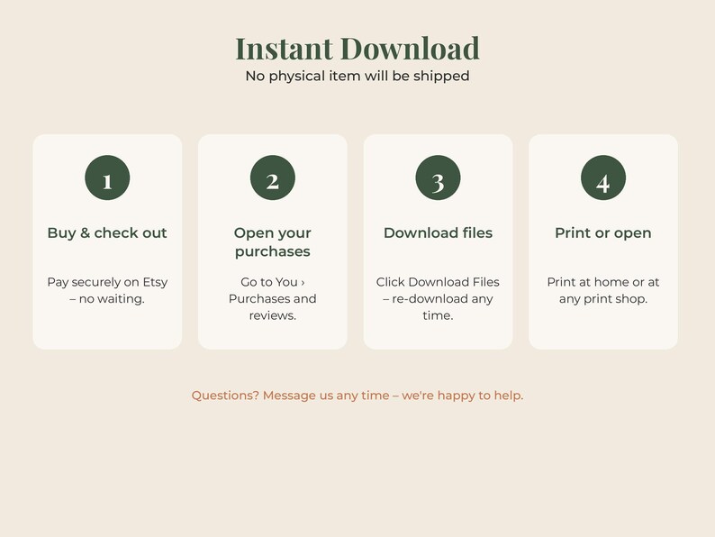 May include: An instructional graphic titled Instant Download with four numbered steps in dark green circles. The steps are: 1. Buy & check out, 2. Open your purchases, 3. Download files, 4. Print or open. Text below includes instructions and a contact note.