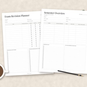 May include: Two white paper sheets featuring black text and grid layouts. The left sheet is titled Exam Revision Planner with columns for topics and checkboxes. The right sheet is titled Semester Overview with fields for student details and course schedules.
