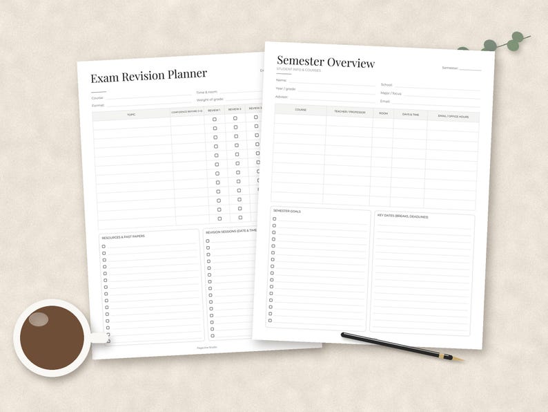 May include: Two white paper sheets featuring black text and grid layouts. The left sheet is titled Exam Revision Planner with columns for topics and checkboxes. The right sheet is titled Semester Overview with fields for student details and course schedules.