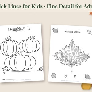 May include: Two white coloring pages with black outlines. The left page features three pumpkins and the text Pumpkin Trio. The right page shows a large leaf with intricate patterns and the text Autumn Leaves. The header reads Thick Lines for Kids Fine Detail for Adults.