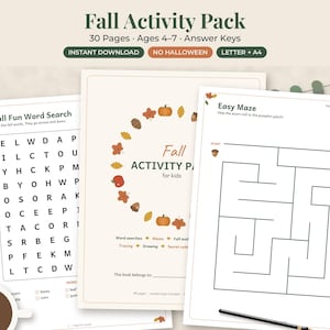 May include: A 30-page Fall Activity Pack for kids featuring word searches, mazes, and tracing exercises. The printable sheets include text such as Fall Activity Pack, Fall Fun Word Search, and Easy Maze, decorated with autumn leaves and pumpkins.