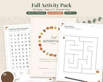 Fall Thanksgiving Worksheets for Kids, 30 Page Activity Pack, Word Search, Mazes, Math