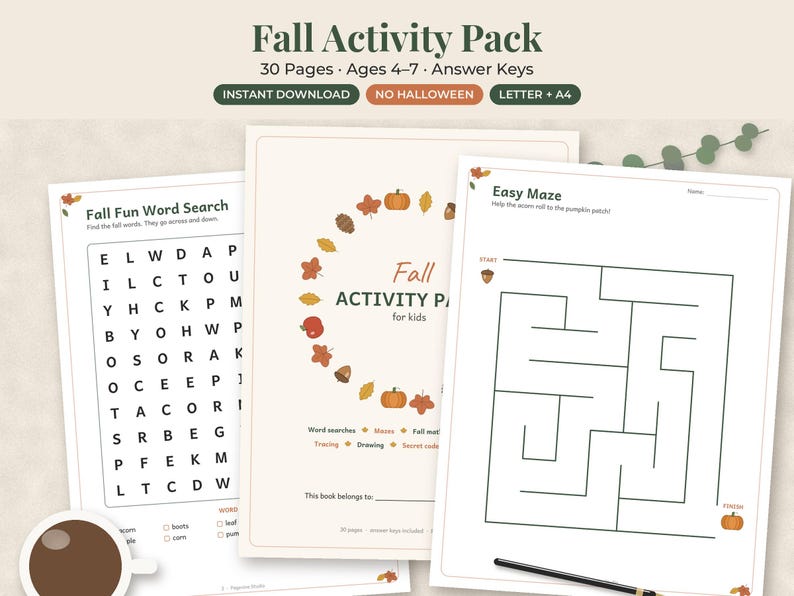 May include: A 30-page Fall Activity Pack for kids featuring word searches, mazes, and tracing exercises. The printable sheets include text such as Fall Activity Pack, Fall Fun Word Search, and Easy Maze, decorated with autumn leaves and pumpkins.