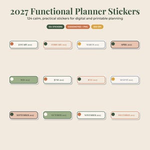 May include: A set of 124 digital planner stickers for 2027, featuring rectangular labels for each month from January to December. The stickers include colored dots and text indicating the month and year, presented in a calm, muted color palette.