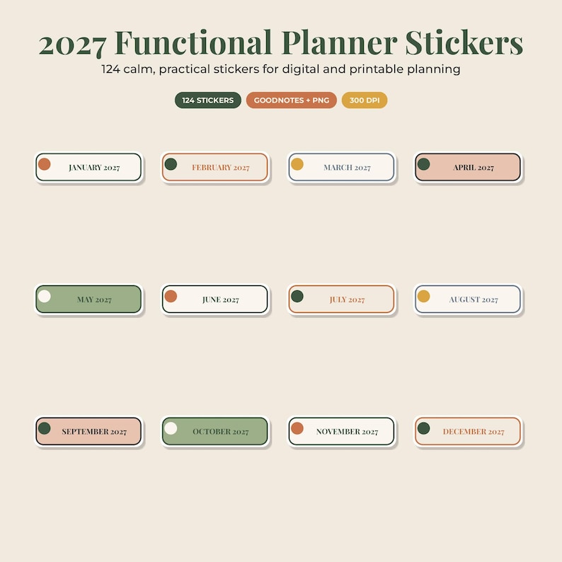 May include: A set of 124 digital planner stickers for 2027, featuring rectangular labels for each month from January to December. The stickers include colored dots and text indicating the month and year, presented in a calm, muted color palette.