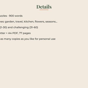 May include: A digital document titled Details containing 60 puzzles and 900 words with themes including garden, travel, kitchen, flowers, and seasons. It features 30 easy and 30 challenging puzzles, provided in US Letter and A4 PDF formats, 77 pages total.