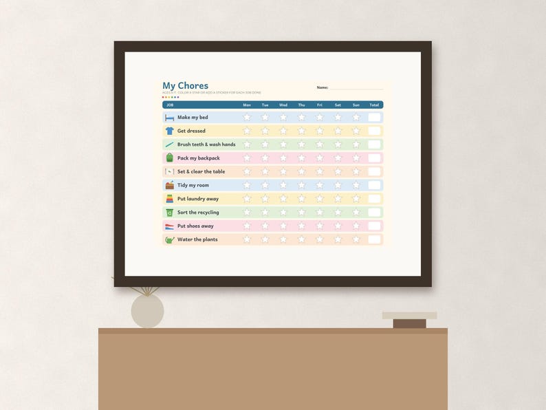 May include: A framed chore chart titled My Chores with a weekly grid featuring rows for tasks like make my bed, get dressed, and water the plants. Each row includes a colorful icon, a space for a name, and columns for days of the week with stars.
