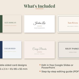 May include: Six rectangular business card templates featuring various layouts with names like Alex Morgan, Jordan Lee, Sam Rivera, Taylor Reed, Casey Brooks, and Riley Parker. Text includes titles like Interior Designer and Photographer. Dimensions are 3.5 x 2 inches.