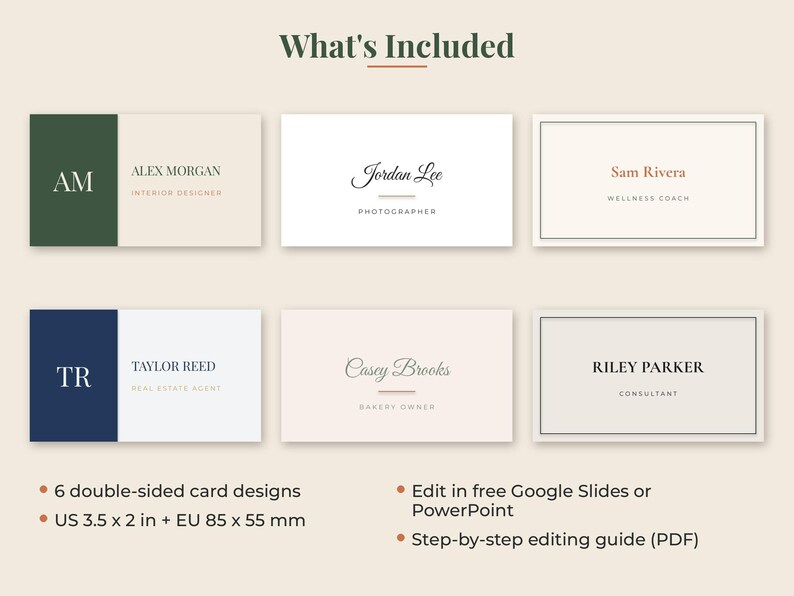 May include: Six rectangular business card templates featuring various layouts with names like Alex Morgan, Jordan Lee, Sam Rivera, Taylor Reed, Casey Brooks, and Riley Parker. Text includes titles like Interior Designer and Photographer. Dimensions are 3.5 x 2 inches.