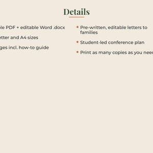 May include: A digital document template titled Details, featuring a list of features: Fillable PDF and editable Word .docx, US Letter and A4 sizes, 13 pages including a how-to guide, pre-written editable letters to families, a student-led conference plan, and print as many copies as you need.