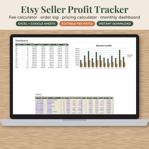 Może przedstawiać: Cyfrowy tracker zysk&oacute;w dla sprzedawc&oacute;w Etsy wyświetlony na ekranie laptopa, zawierający kalkulator opłat, rejestr zam&oacute;wień, kalkulator cen i miesięczny pulpit nawigacyjny. Interfejs zawiera tabelę z danymi finansowymi oraz wykres słupkowy przychod&oacute;w.
