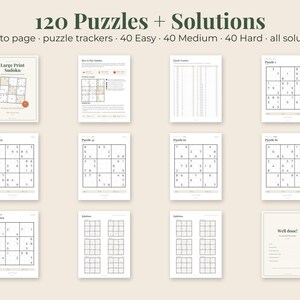 May include: A collection of 120 Sudoku puzzles with solutions, featuring a cover page, how-to guide, puzzle trackers, and various difficulty levels. The pages include grids with numbers, instructional text, and a final page with the text Well done!
