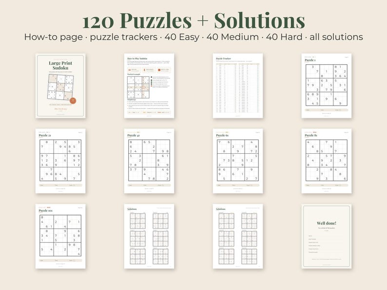 May include: A collection of 120 Sudoku puzzles with solutions, featuring a cover page, how-to guide, puzzle trackers, and various difficulty levels. The pages include grids with numbers, instructional text, and a final page with the text Well done!