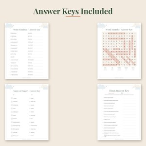May include: Four white printable game answer key sheets for a baby shower. The pages include a Word Scramble answer key, a Word Search answer key with highlighted words, a Nappy or Diaper answer key, and a Host Answer Key with blank lines.