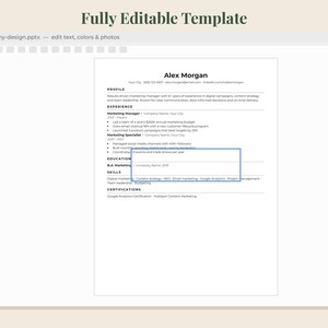 May include: A digital resume template displayed in a software interface with the filename my-design.pptx. The document features sections for profile, experience, education, skills, and certifications under the name Alex Morgan, with a blue selection box.