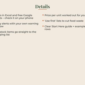 May include: A digital information graphic titled Details with a list of features: Works in Excel and free Google Sheets, expiry alerts with warning window, low-stock items to shopping list, price per unit, use first lists, and a Start Here guide.