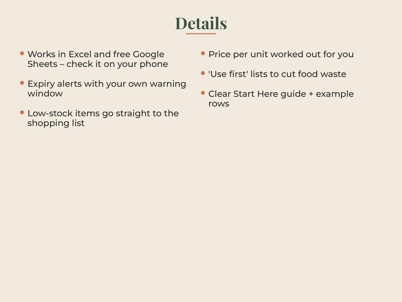 May include: A digital information graphic titled Details with a list of features: Works in Excel and free Google Sheets, expiry alerts with warning window, low-stock items to shopping list, price per unit, use first lists, and a Start Here guide.