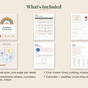 May include: A preschool curriculum set featuring six educational worksheets. The pages include a cover with a rainbow, a weekly plan, letter tracing for A, a weather wheel, a color blue activity, and a shape recognition page with various outlines.