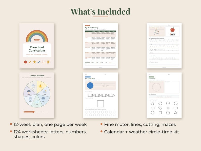 May include: A preschool curriculum set featuring six educational worksheets. The pages include a cover with a rainbow, a weekly plan, letter tracing for A, a weather wheel, a color blue activity, and a shape recognition page with various outlines.
