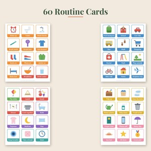 May include: A set of 60 routine cards organized into four grids. Each card features a colorful icon and text labels such as Wake up, Toilet, Wash hands, Brush teeth, Brush hair, Get dressed, Socks on, Shoes on, Jacket on, Make bed, Breakfast, and Drink water.