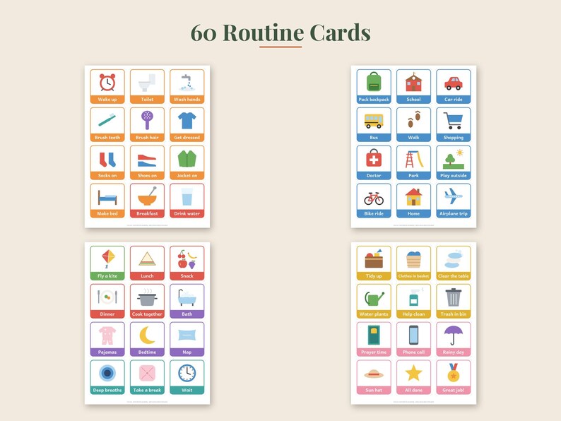 May include: A set of 60 routine cards organized into four grids. Each card features a colorful icon and text labels such as Wake up, Toilet, Wash hands, Brush teeth, Brush hair, Get dressed, Socks on, Shoes on, Jacket on, Make bed, Breakfast, and Drink water.