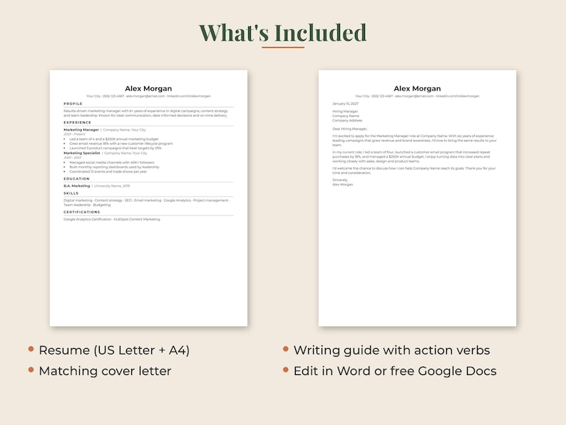 May include: A digital document set featuring a resume and a matching cover letter for Alex Morgan, with the text What's Included, Resume (US Letter + A4), Matching cover letter, Writing guide with action verbs, and Edit in Word or free Google Docs.