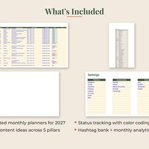 May include: A digital content planner template featuring a January 2027 monthly calendar, a settings table with platforms, content pillars, and status tracking, plus text listing 12 dated monthly planners, 365 content ideas, and analytics.