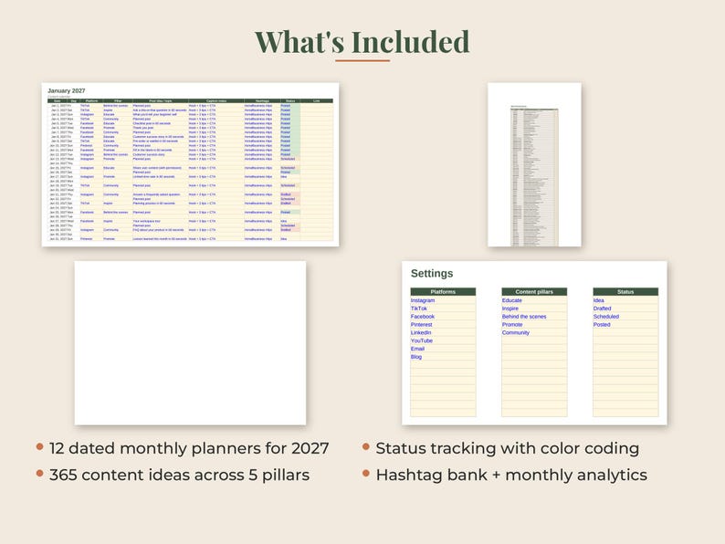 May include: A digital content planner template featuring a January 2027 monthly calendar, a settings table with platforms, content pillars, and status tracking, plus text listing 12 dated monthly planners, 365 content ideas, and analytics.