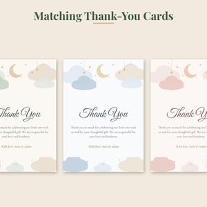 Peut inclure: Trois cartes de remerciement rectangulaires avec un th&egrave;me c&eacute;leste compos&eacute; de nuages, d'un croissant de lune et d'&eacute;toiles. Les cartes affichent le texte "Thank You" en &eacute;criture cursive, un message imprim&eacute; et les noms "Sara & Adam" en bas.