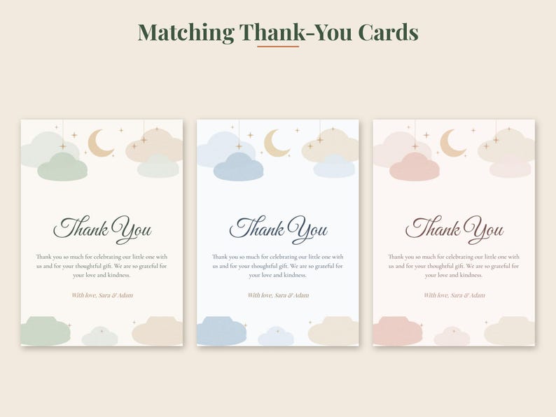 Peut inclure: Trois cartes de remerciement rectangulaires avec un th&egrave;me c&eacute;leste compos&eacute; de nuages, d'un croissant de lune et d'&eacute;toiles. Les cartes affichent le texte "Thank You" en &eacute;criture cursive, un message imprim&eacute; et les noms "Sara & Adam" en bas.