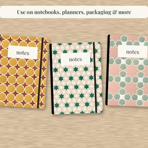 May include: Three rectangular notebooks with elastic closures, each featuring a white label with the text "notes". The left notebook has a yellow and brown geometric pattern, the center has a beige and green star pattern, and the right has a pink and green geometric design. Text above reads: "Use on notebooks, planners, packaging & more".