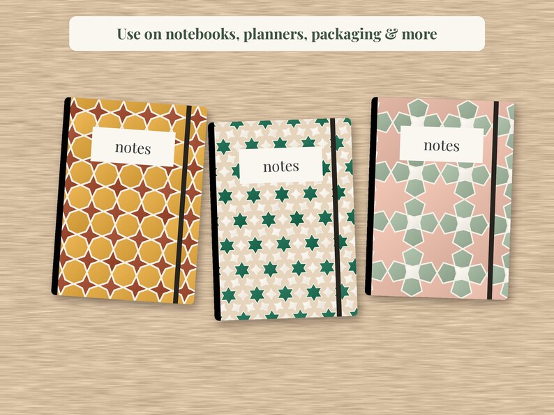 May include: Three rectangular notebooks with elastic closures, each featuring a white label with the text "notes". The left notebook has a yellow and brown geometric pattern, the center has a beige and green star pattern, and the right has a pink and green geometric design. Text above reads: "Use on notebooks, planners, packaging & more".