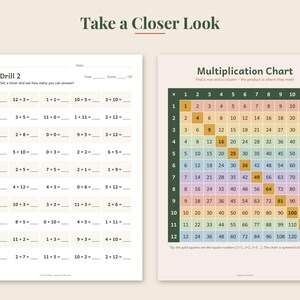 May include: Two educational worksheets on a light background. The left sheet is a Timed Drill 2 math worksheet with multiplication problems. The right sheet is a colorful multiplication chart with numbers 1 through 12 in a grid format.