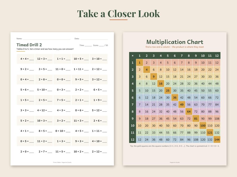 May include: Two educational worksheets on a light background. The left sheet is a Timed Drill 2 math worksheet with multiplication problems. The right sheet is a colorful multiplication chart with numbers 1 through 12 in a grid format.