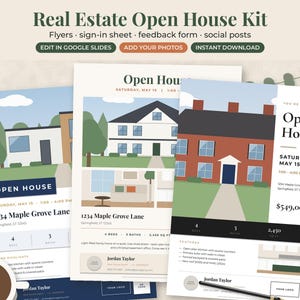 May include: A digital real estate open house kit featuring three flyer templates with illustrations of houses, text fields for property details, dates, and agent information, plus buttons for editing in Google Slides and instant downloading.