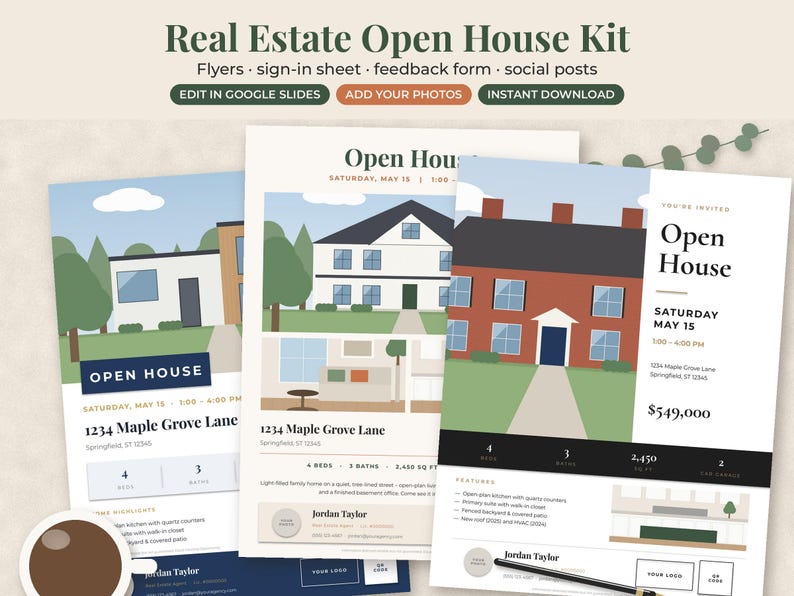 May include: A digital real estate open house kit featuring three flyer templates with illustrations of houses, text fields for property details, dates, and agent information, plus buttons for editing in Google Slides and instant downloading.