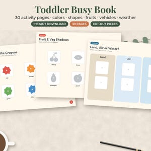May include: A Toddler Busy Book with 30 activity pages featuring colors, shapes, fruits, vehicles, and weather. The pages include matching games like Match the Crayons, Fruit & Veg Shadows, and Land, Air or Water, with cut-out pieces for interactive learning.