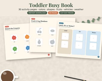 Toddler Busy Book Printable, 30 Page Quiet Book, Colors Shapes Matching Activities