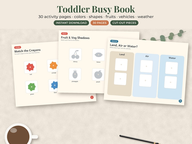 May include: A Toddler Busy Book with 30 activity pages featuring colors, shapes, fruits, vehicles, and weather. The pages include matching games like Match the Crayons, Fruit & Veg Shadows, and Land, Air or Water, with cut-out pieces for interactive learning.